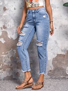 SHEIN LUNE 撕毀式原始邊緣緊身牛仔褲，適用於日常穿著 - 中等水洗藍 - 查看 5