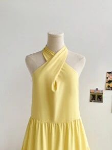 Soleia Váy chữ A xòe nhiều lớp chéo lưng phong cách nghỉ mát cho nữ, dễ thương, giản dị, thanh lịch cho tiệc tùng, trường học, công sở, mùa thu, màu vàng nhạt - Màu vàng - Xem 4