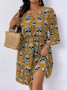 SHEIN LUNE Váy mùa hè in hình cỡ lớn với đường viền cổ chữ V có khía - Màu Khaki - Xem 4