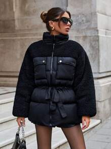 EURMUSE Stand Neck Teddy Bear Textured Matched Women's Puffer Down Jacket