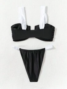 SHEIN Swim Women's Summer Beach Contrast Color Ruched Sexy Bikini Set - Black and White - View 6