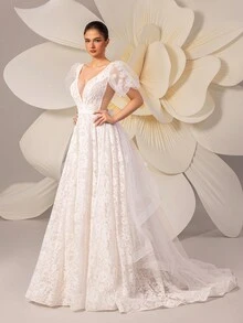 Nuevo vestido de novia elegante de manga abullonada con escote en V, encaje floral, parche de malla transparente y malla para mujer - Blanco - Ver 7