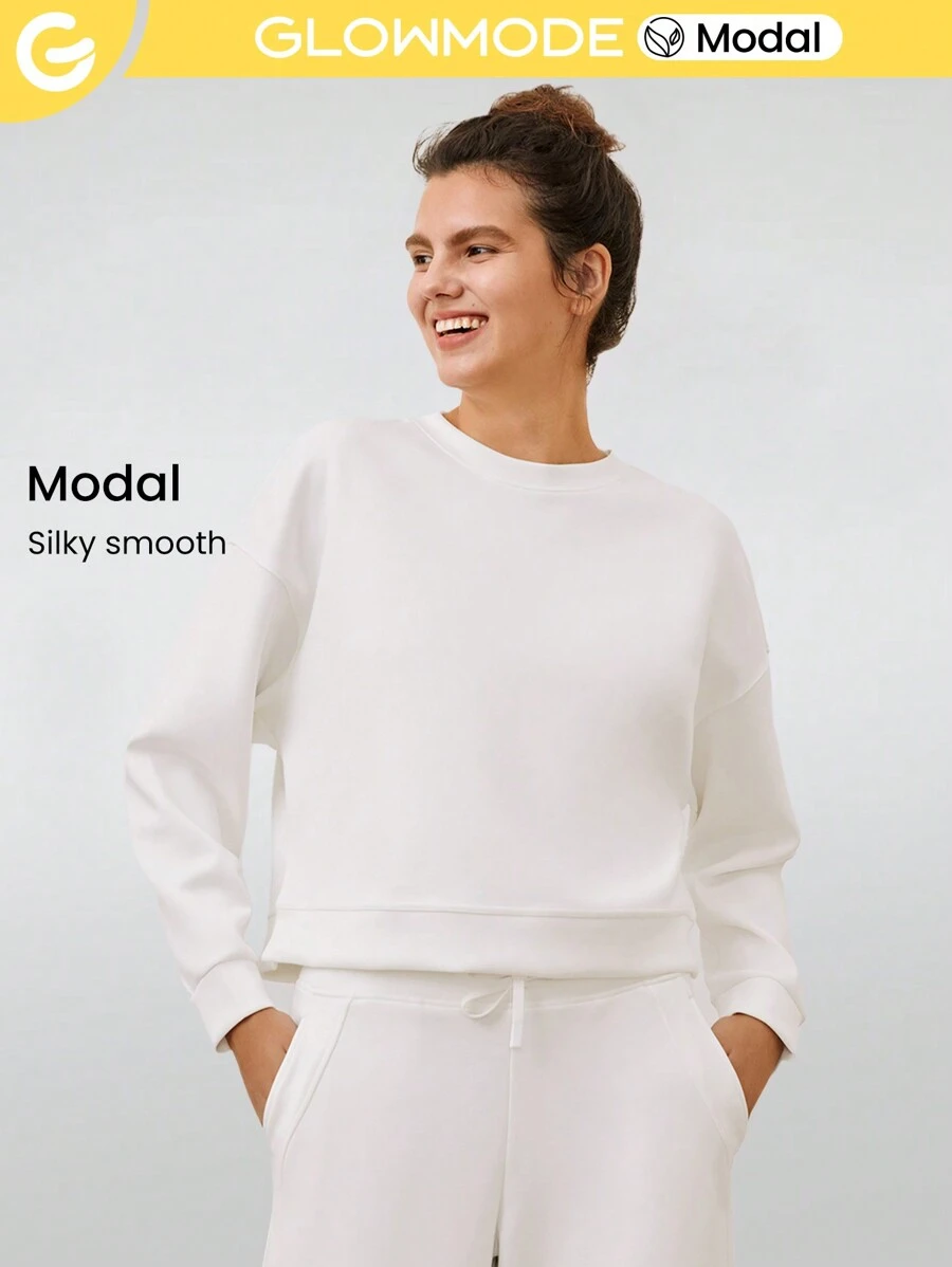 GLOWMODE 1 Miếng Modal Thả vai Áo nỉ Với Ngón tay cái - trắng - Xem 1