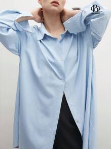 BizChic Blusa de escritório de negócios feminino, elegante estilo viajante azul listrado laço colarinho camisa solta - Azul - Ver 7