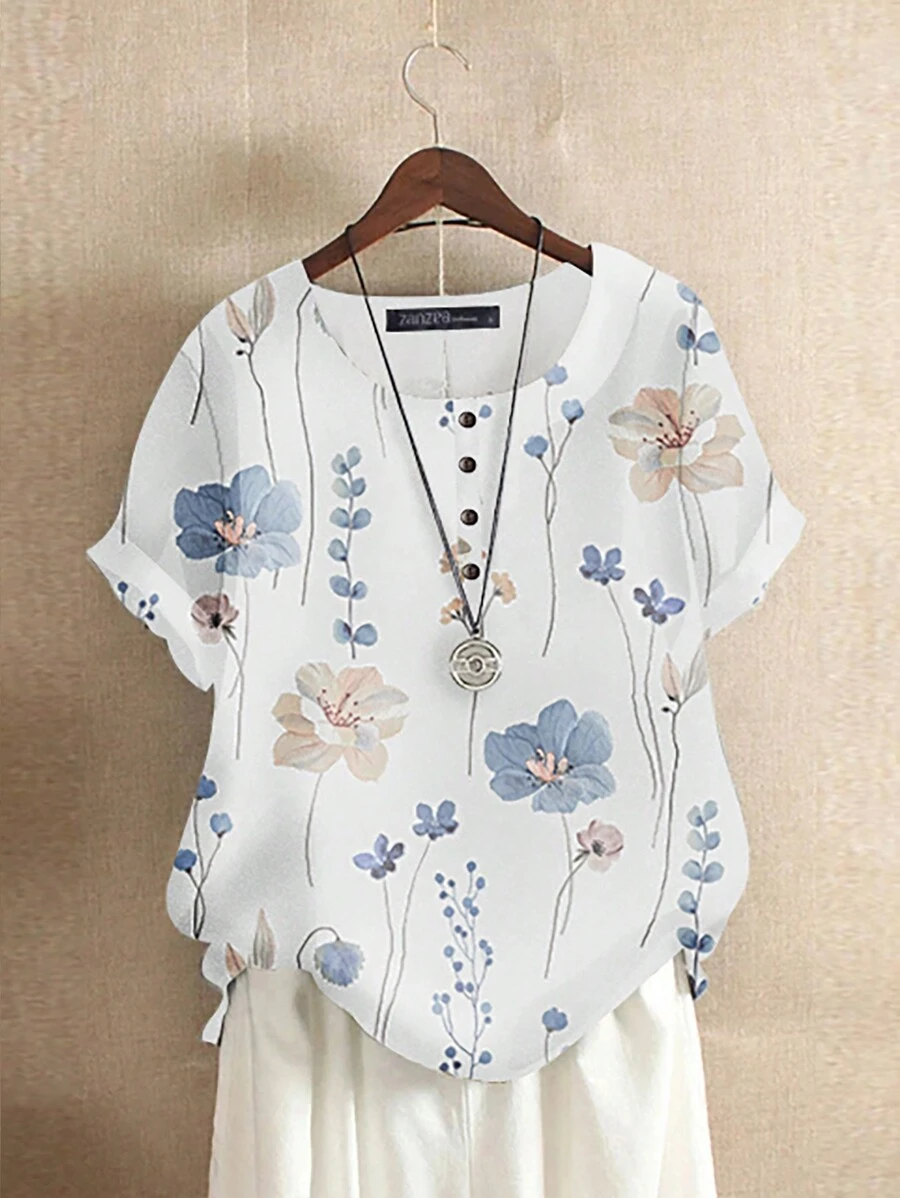 SHEIN Clasi Chemise décontractée pour femme imprimée de fleurs - Blanc - Voir 1