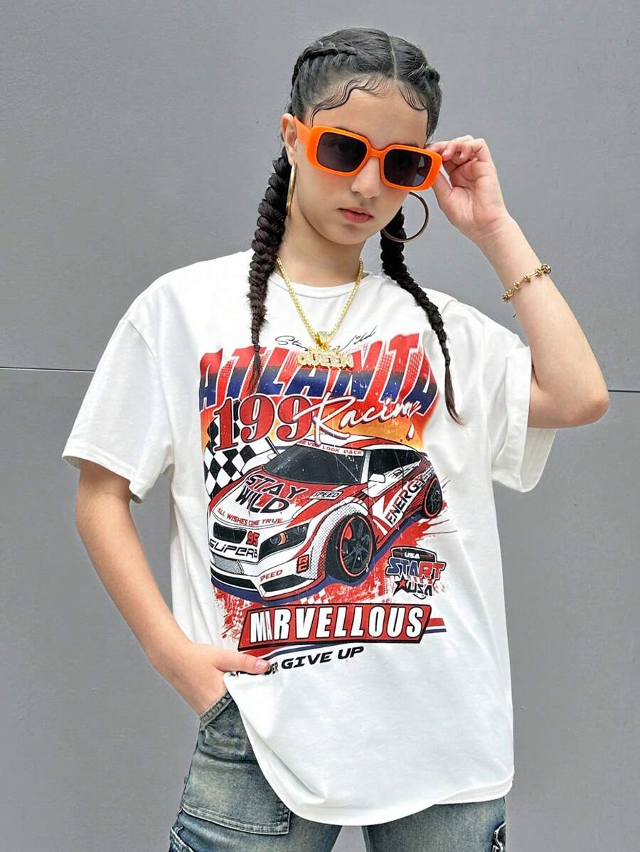 SHEIN Thiếu niên cô gái Đồ họa ô tô và chữ cái Áo thun - trắng - Xem 1