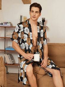 Conjunto de ropa de dormir para hombre con camisa de manga corta informal estampada con flores y pantalones cortos de verano - Negro - Ver 4