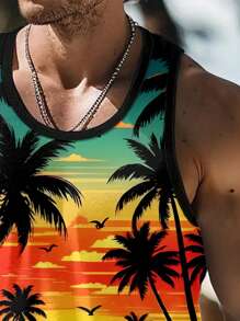 Manfinity RSRT Men Tropical Print Tank Top For Summer, Men Tank Tops Beach, Graphic Tees Men Sleeveless, Beach Tank Tops Men - Black - View 3