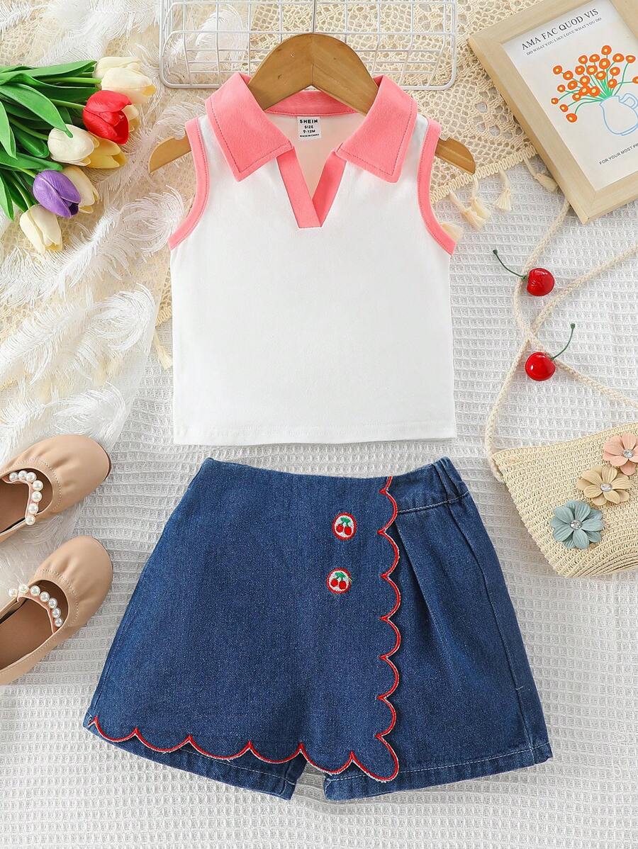 Girls' Contrast Color Turn-Down Collar Sleeveless Top And Shorts Set, Summer - Multicolor - View 1