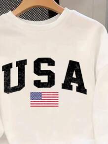 SHEIN Tween Boy 休闲简约美国图案长袖宽松套头厚运动衫，适合秋冬季