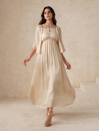 Anewsta Vestido Longo Maxxi Romântico e Clássico com Textura de Ilha Pregueada, Cintura Marcada e Mangas Trompete para Mulheres