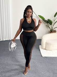 Slaydiva 大尺寸女士長褲，適用於運動、休閒、性感或日常穿著，修身單色黑色，側面網格剪裁設計，春/夏風格E