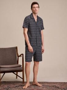 EverLounge Men Plaid Print Button Front Short Sleeve Top & Pants PJ Set - Black - View 5