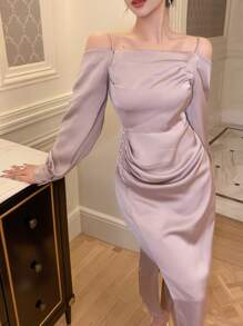 DAZY 女士纯色露肩开衩长袖日常连衣裙舞会礼服、秋季连衣裙 - 淡紫色 - 查看 1