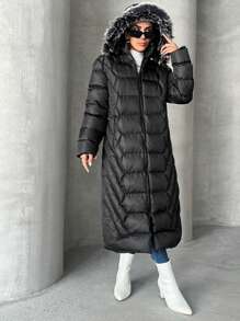 SHEIN PETITE Petite Zip Up Hooded Puffer Coat - Black - View 4