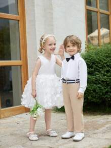 SHEIN Glamorique Kids Daily Casual Elegant 3D Flower Mesh Girls' Dress, Ideal For Wedding/Prom, Spring/Summer, Puffy Skirt - White - View 2