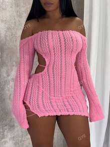 Vestido ajustado con hombros descubiertos y diseño calado de color liso, vestido corto de mujer sexy con corte, borde de lechuga, manga larga dividida con hombros descubiertos, ajuste regular, mangas cortas acampanadas, vestido corto liso para mujer, uso diario casual, primavera/otoño