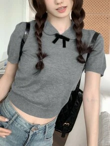 可爱减龄纯色彼得潘领泡泡袖少女针织上衣（不含蝴蝶结） - 灰色 - 查看 5