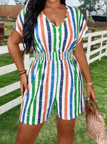 Calvaya Bộ áo liền quần sọc đầy màu sắc cỡ lớn có trang trí nút gỗ ở ngực trước - Nhiều màu - Xem 4