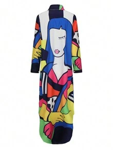 Damen Mode Langarm Blume Muster Hemdkragen Langes Lässiges Elegantes Kleid - Verschiedenfarbig - Übersicht 2