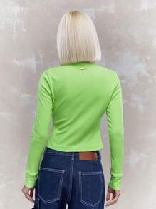 MISSGUIDED Áo thun gân tay dài cài nút phía trước - Màu Mù tạt vàng - Xem 2