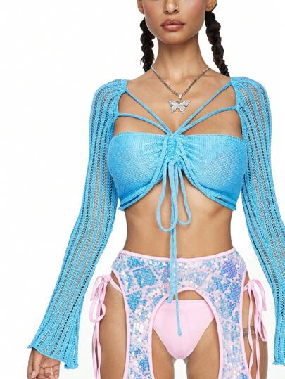 ROMWE Avant Suéter recortado con mangas acampanadas y lazo brillante para mujer, para fiestas de Rave Festival