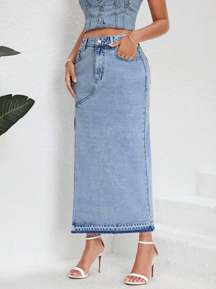 SHEIN Essnce تنورة جينز بفتحة ساق عالية الخصر - أزرق فاتح - مشاهدة 3