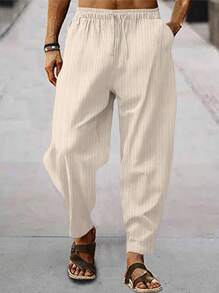 Men's Retro Style Vintage Coin Texture Tapered Pants, Suitable For Casual Daily Wear, All Seasons - Khaki - View 1