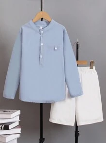 Tween Boy Solid Half Button Shirt & Shorts - Blue - View 1