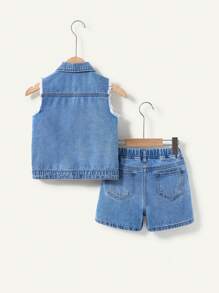 Cozy Pixies Young Boys Spring Summer Casual Faded Distressed Denim Vest &Baggy Patch Pocket Ripped Soft Denim Jeans Shorts, Young Boys Summer Clothes Two-Pieces Set Outfits