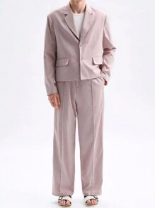 Manfinity VCAY 2 chiếc áo khoác blazer dáng rộng dệt kim dài tay thông thường cho nam có eo đàn hồi và thắt lưng dây rút, Bộ quần ống đứng thường ngày, thích hợp cho mùa xuân thu - Hồng - Xem 1