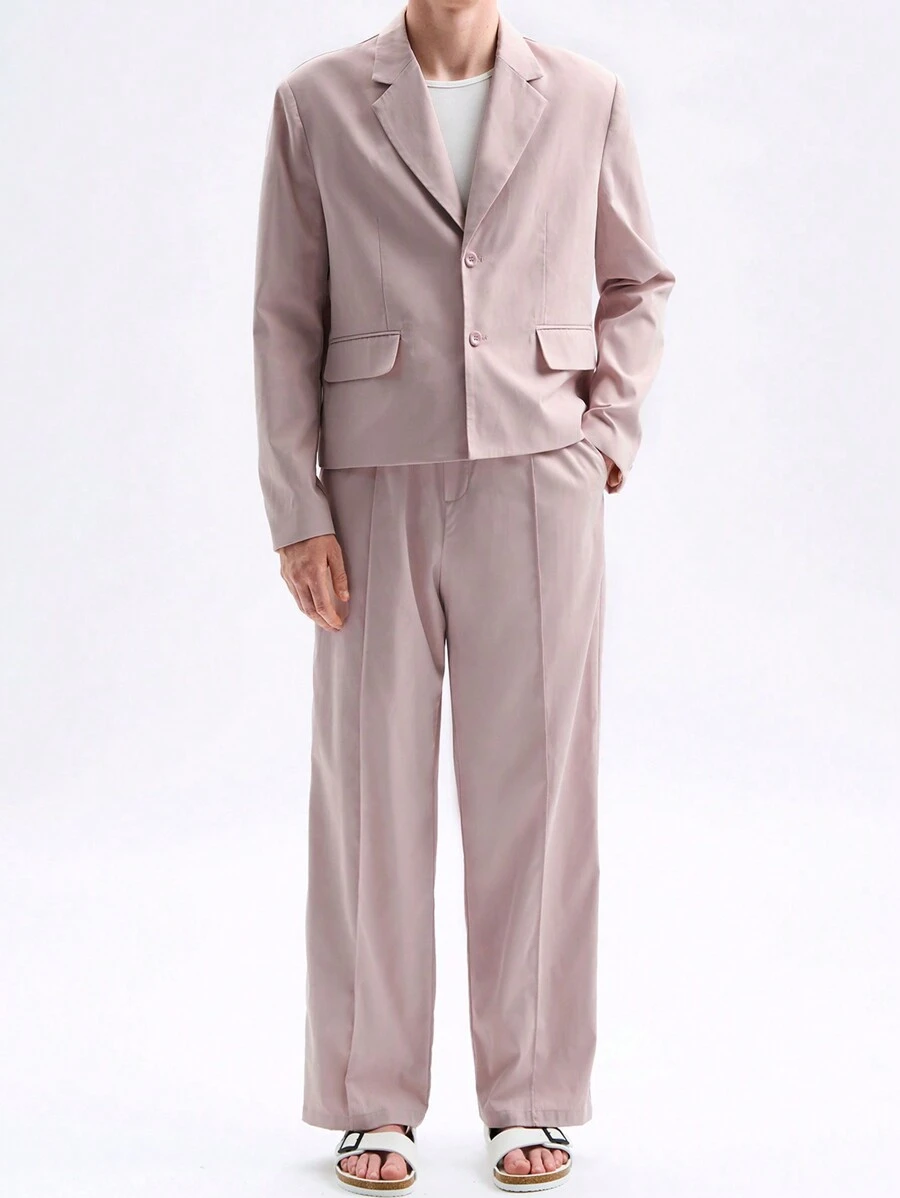 Manfinity VCAY 2 chiếc áo khoác blazer dáng rộng dệt kim dài tay thông thường cho nam có eo đàn hồi và thắt lưng dây rút, Bộ quần ống đứng thường ngày, thích hợp cho mùa xuân thu - Hồng - Xem 1