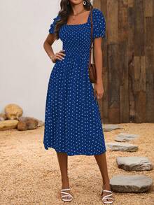 SHEIN Clasi Ladies' Polka Dot Square Neck Short Sleeve Summer Slit Dress - Royal Blue - View 5