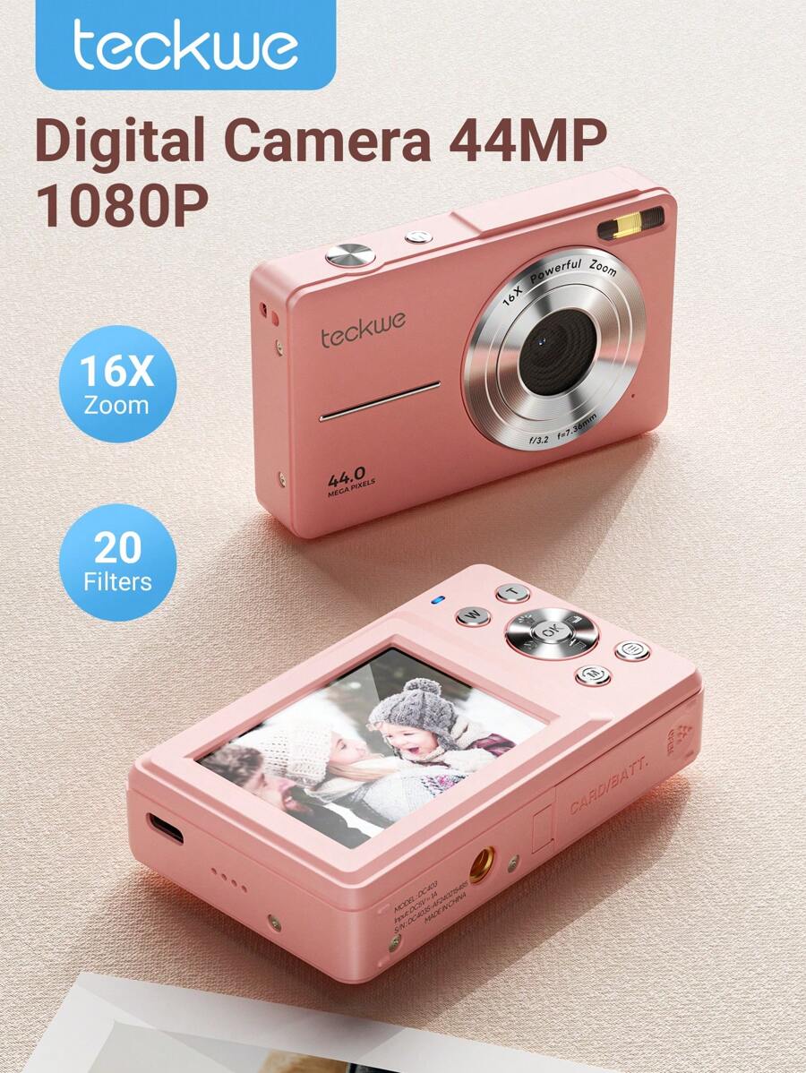 数码相机、1080P 紧凑型相机 44MP 16 倍变焦傻瓜相机适配 32GB SD 卡、持久电池寿命、挂绳、美颜滤镜、适合初学者儿童的袖珍相机（不含 SD 卡）圣诞礼物、秋冬假期露营必备品、度假配件、露营用品