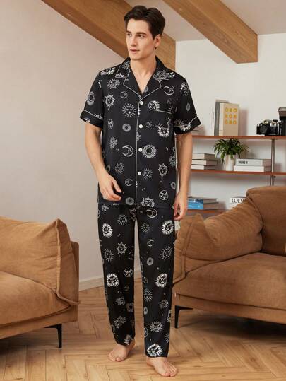 Men Sun & Moon Print Contrast Binding Short Sleeve & Shorts Loungewear Set