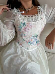 女士蝴蝶結腰帶裝飾長袖修身上衣 - 彩色 - 查看 1