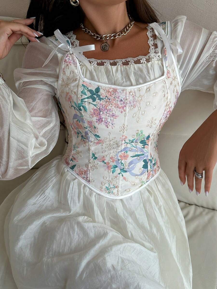 女士蝴蝶結腰帶裝飾長袖修身上衣 - 彩色 - 查看 1