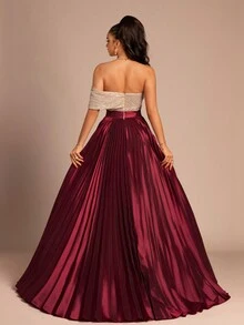 新款V领撞色拼接侧开衩后拉链高端优雅晚礼服派对礼服婚礼宾客礼服正式礼服春季 - 酒紅色 - 查看 2