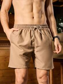 Surfspeed Men's Summer Solid Color Drawstring Waist Loose Casual Shorts With Pockets, Beach Shorts - Khaki - View 5