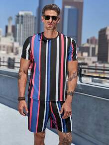Manfinity Homme Men Striped Print Tee & Shorts - Multicolor - View 5