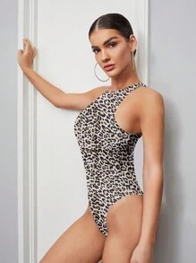 SHEIN BAE 女士圓領無袖豹紋休閒連身衣，完美適用於夏季假期 - 彩色 - 查看 4