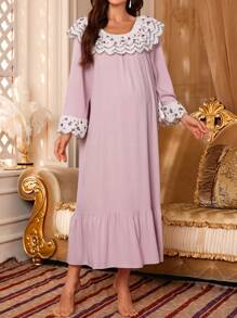 Moonlight&Mama 玫瑰与心形刺绣蕾丝边舒适孕妇睡裙，弹力宽领口，长袖睡衣裙 - 藕粉色 - 查看 1