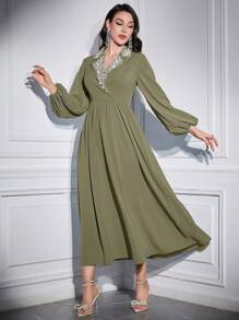 Modelyn Đầm suông tay đèn lồng đính đinh tán thanh lịch cho nữ - Màu xanh Ô liu - Xem 5