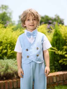 Conjunto para niños pequeños de chaleco de tela de malla azul estilo caballero con doble botonadura, decorado con pajarita y pantalones largos, adecuado para todas las estaciones. Se puede combinar con camisa de manga larga/corta. Ideal para fiestas. - Azul - Ver 5