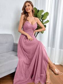 UNITHORSE Lace Up Criss Cross Split Thigh Mesh Bridesmaid Dress Elegant Formal Evening Prom Wedding Guest Gown, For Graduation, Dinner Party Dress, Bride Dress, Birthday Women Outfits, Graduation Dress, Formal Dress, School Clothes - 藕粉色 - 查看 4