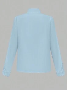 SHEIN Clasi 純色立領長袖夏季優雅女士襯衫 - 藍色 - 查看 2