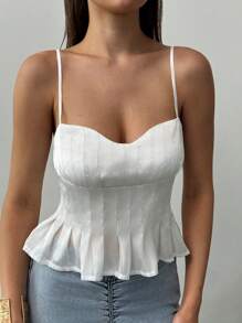 Aloruh 女士简约优雅白色褶皱荷叶边吊带背心 - 白色 - 查看 4