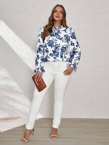 SHEIN Clasi Summer Stand Collar Long Sleeve Shirt For Plus Size - Blue and White - View 3