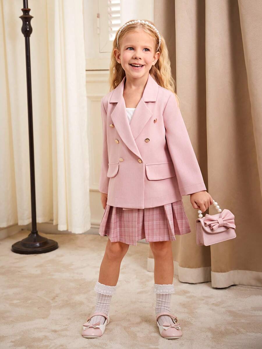 SHEIN Girls Casual Pink Plaid Blazer Jacket, White Top And Skirt 3pcs Set, Autumn/Winter New Arrival. This Set Uses A Pink Plaid Fabric With Pleated Skirt, And A Faux Pearl Elastic Waist Belt, Giving A Fashionable And Professional Look, Suitable For Daily And Formal Occasions, Allowing The Child To Show Confidence And Style. - Baby Pink - View 1
