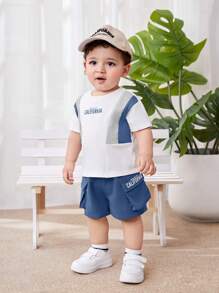 SHEIN Baby Jungen Lässig Set aus Rundhals-Farbblock Kurzarm T-Shirt mit Buchstaben Muster und Shorts